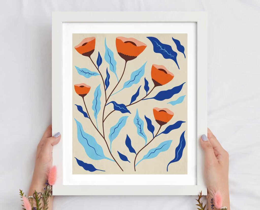 lámina floral amapolas ilustración botánica hecha a mano decoración