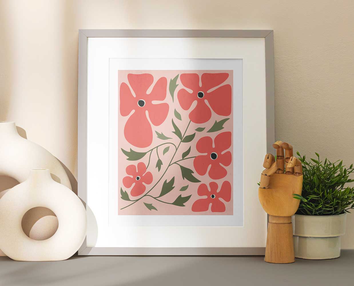 Lámina floral de flores silvestres – ilustración botánica en tonos coral y rosa - Imagen 2