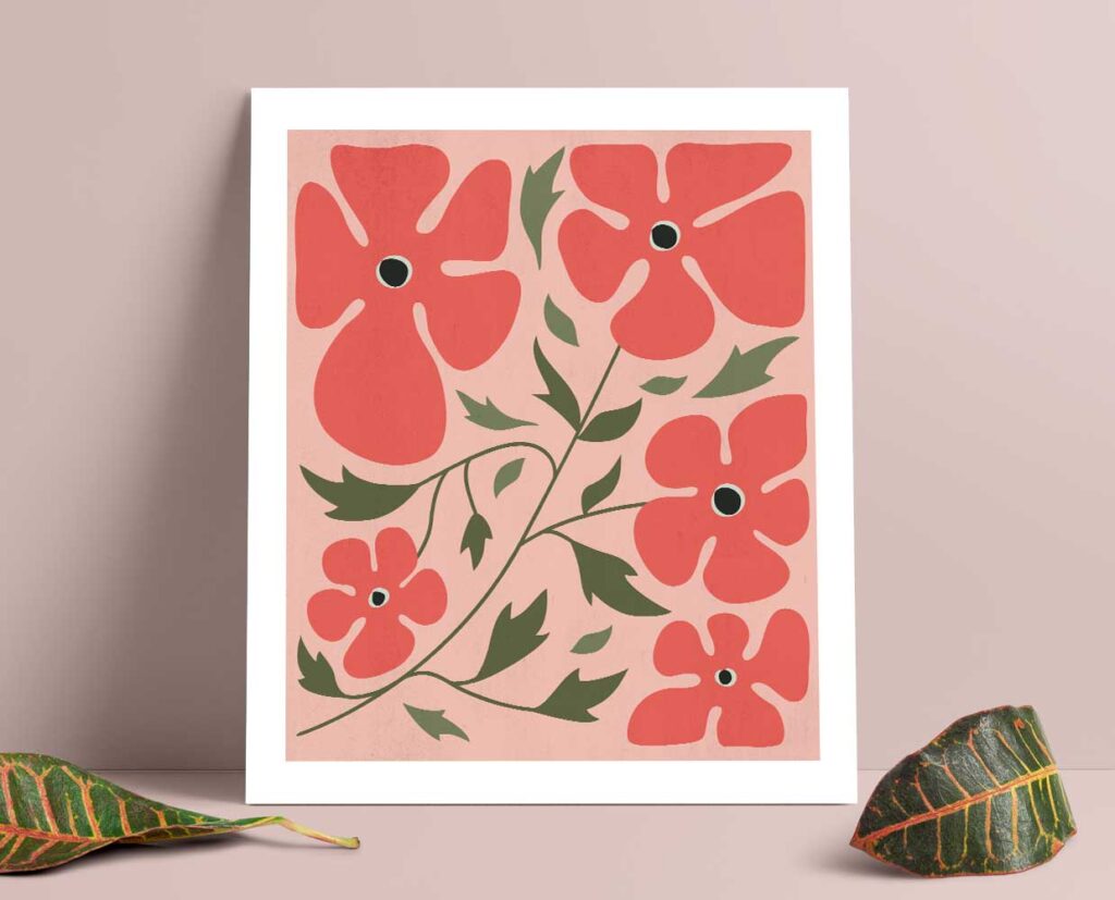 lámina flores silvestres ilustración botánica coral rosa decoración pared