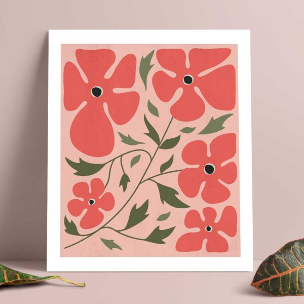 lámina flores silvestres ilustración botánica coral rosa decoración pared
