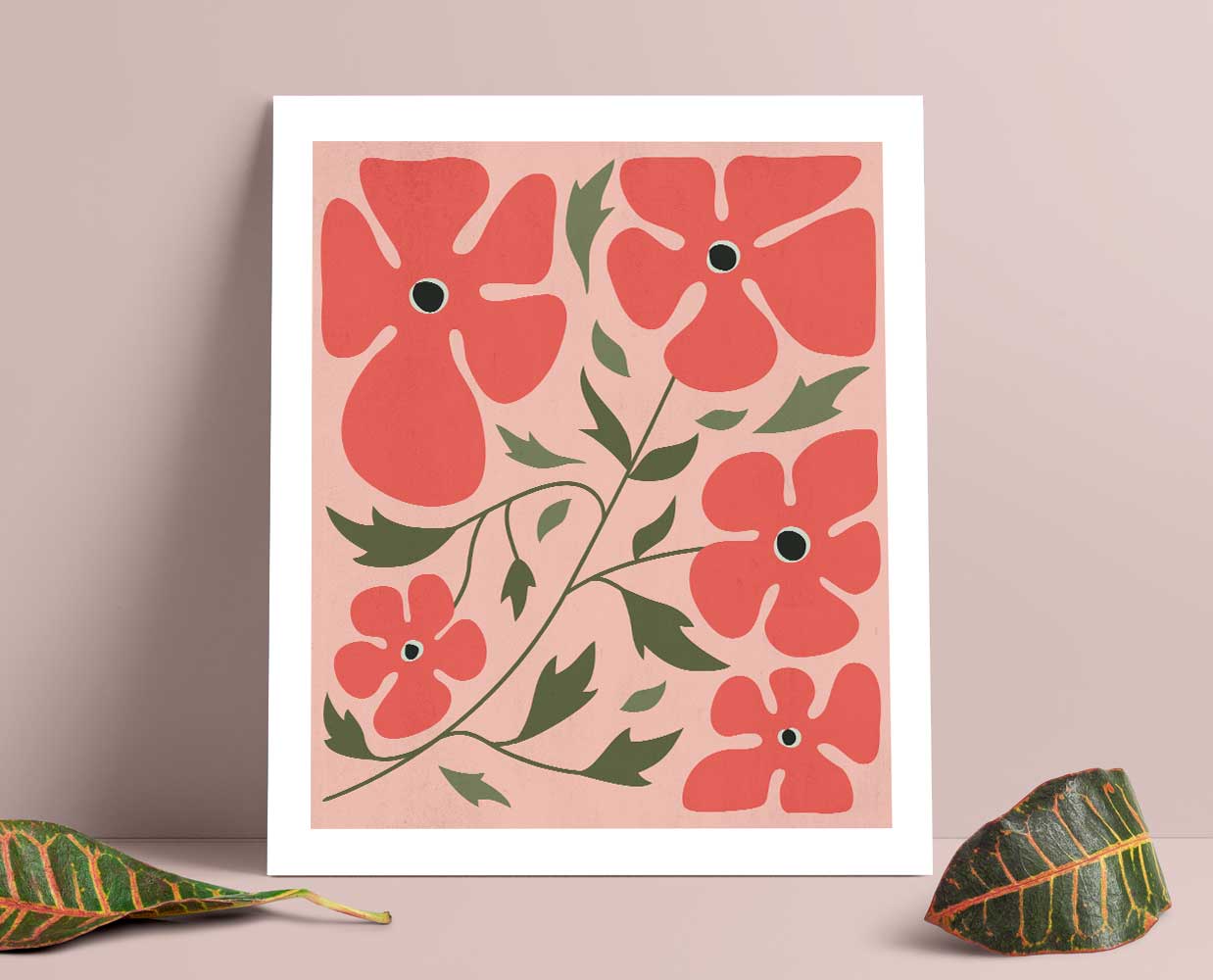 lámina flores silvestres ilustración botánica coral rosa decoración pared
