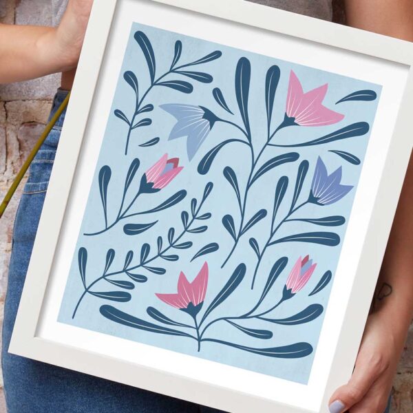 lámina lirios azules rosas ilustración botánica decoración pared moderna