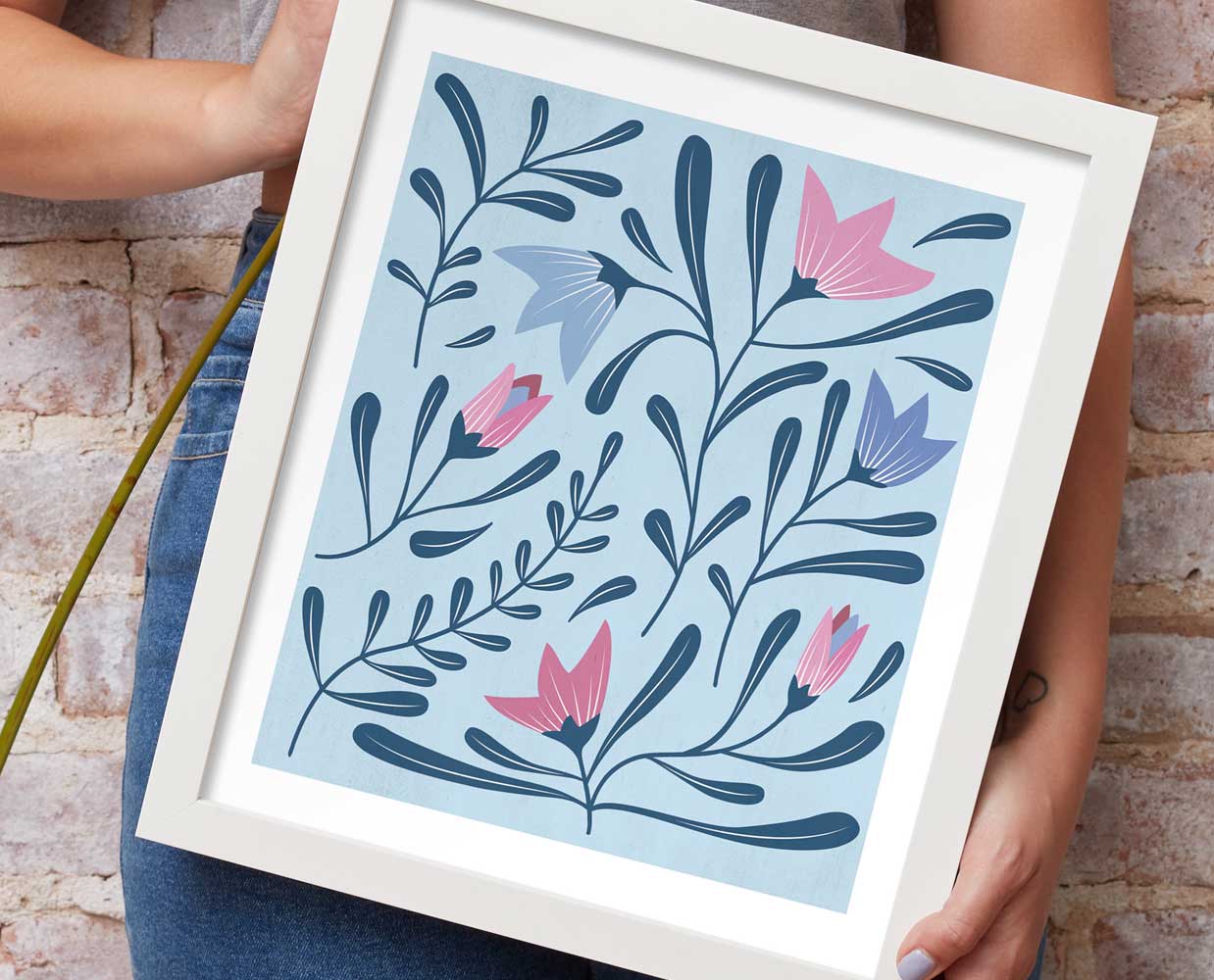 lámina lirios azules rosas ilustración botánica decoración pared moderna