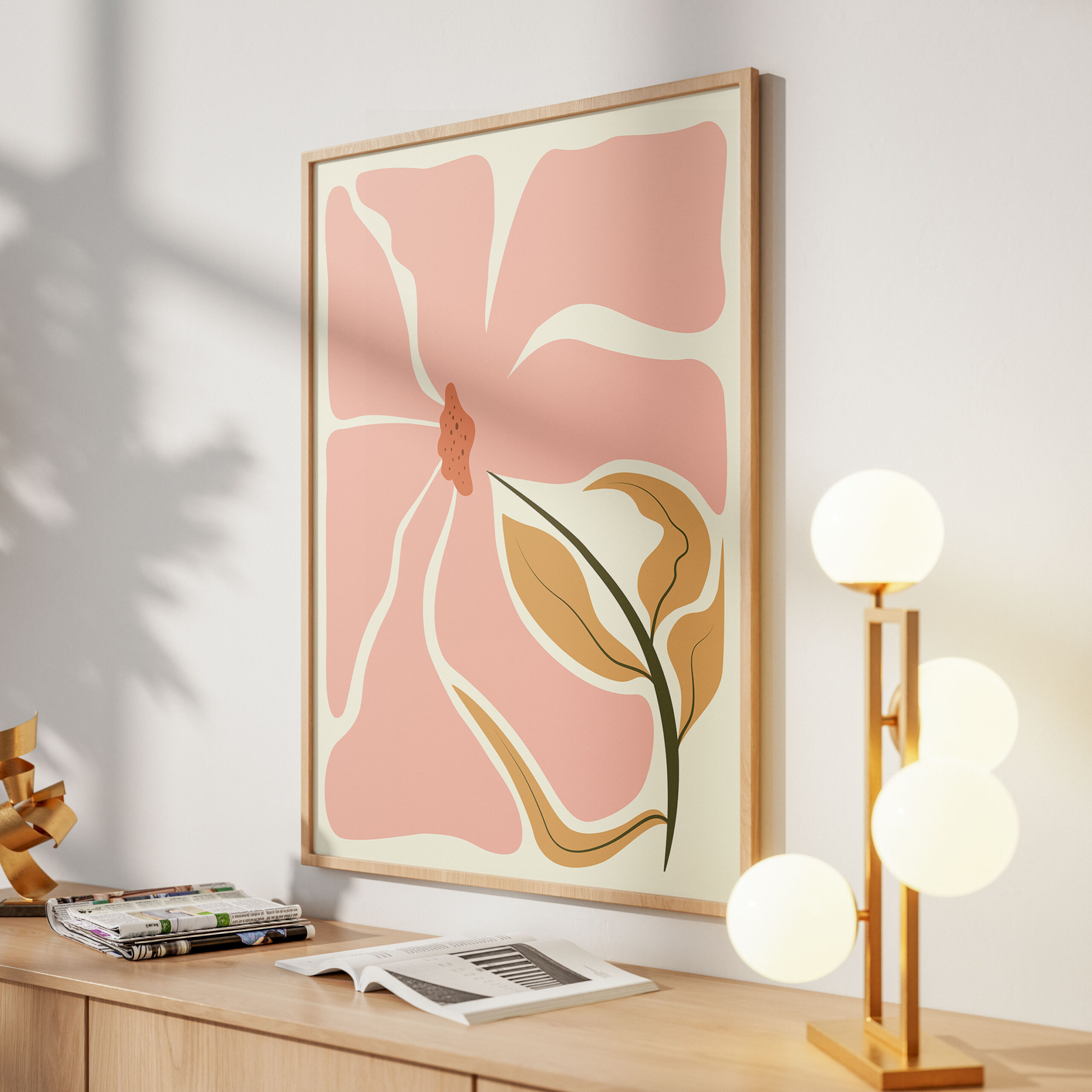 Lámina botánica minimalista con flor orgánica en rosa y ocre - Imagen 3