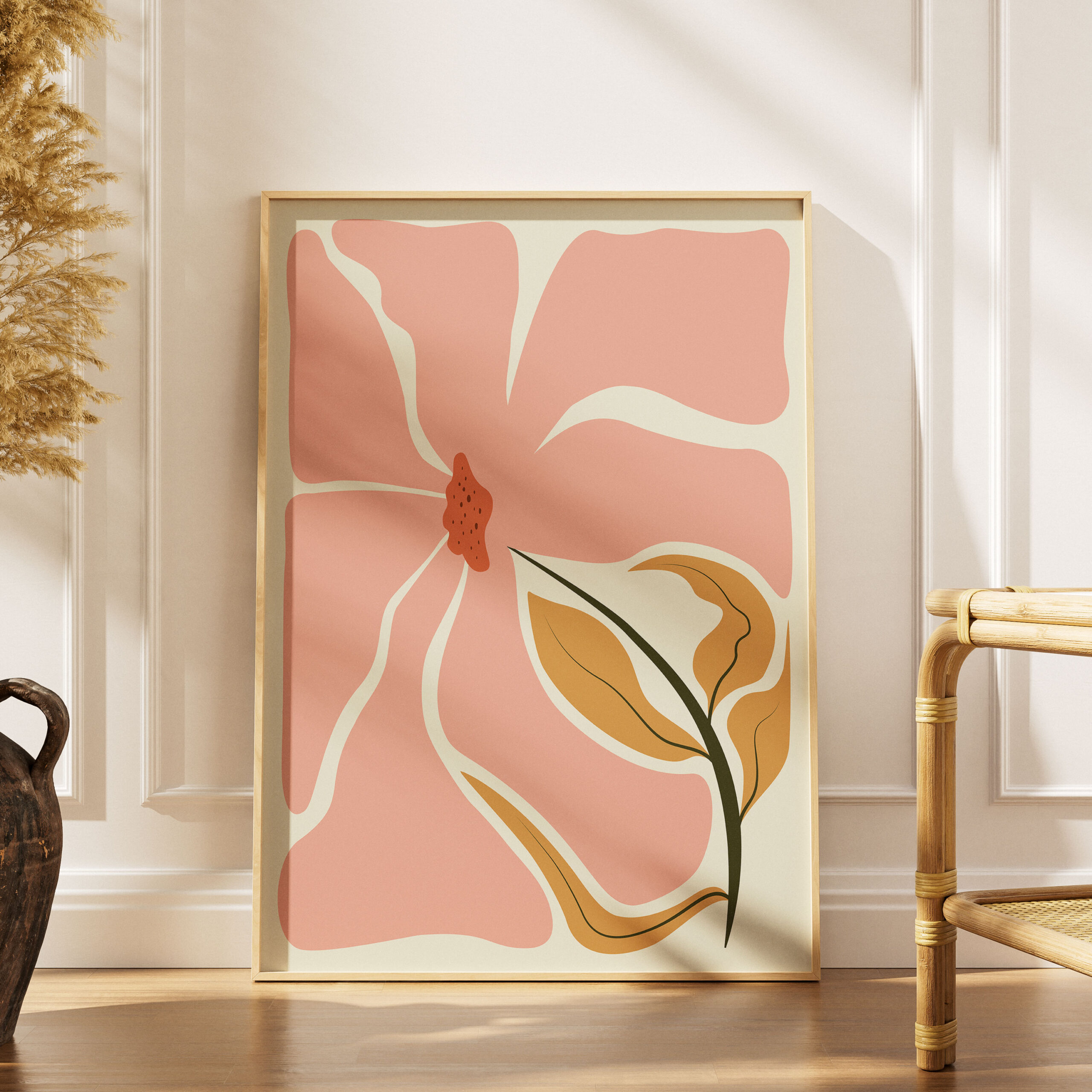 Lámina botánica minimalista con flor orgánica en rosa y ocre - Imagen 2