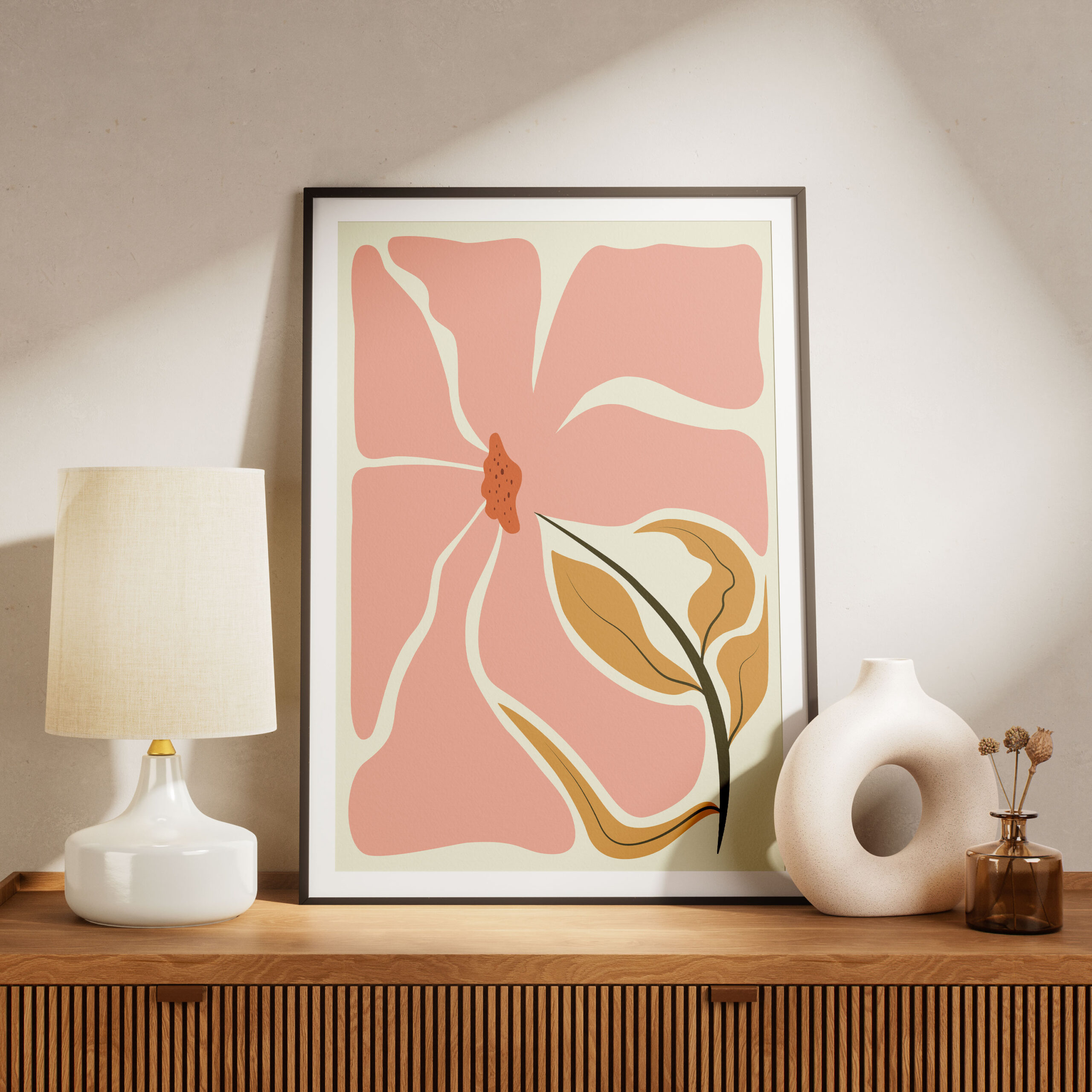 lámina botánica minimalista con flor orgánica en rosa y ocre