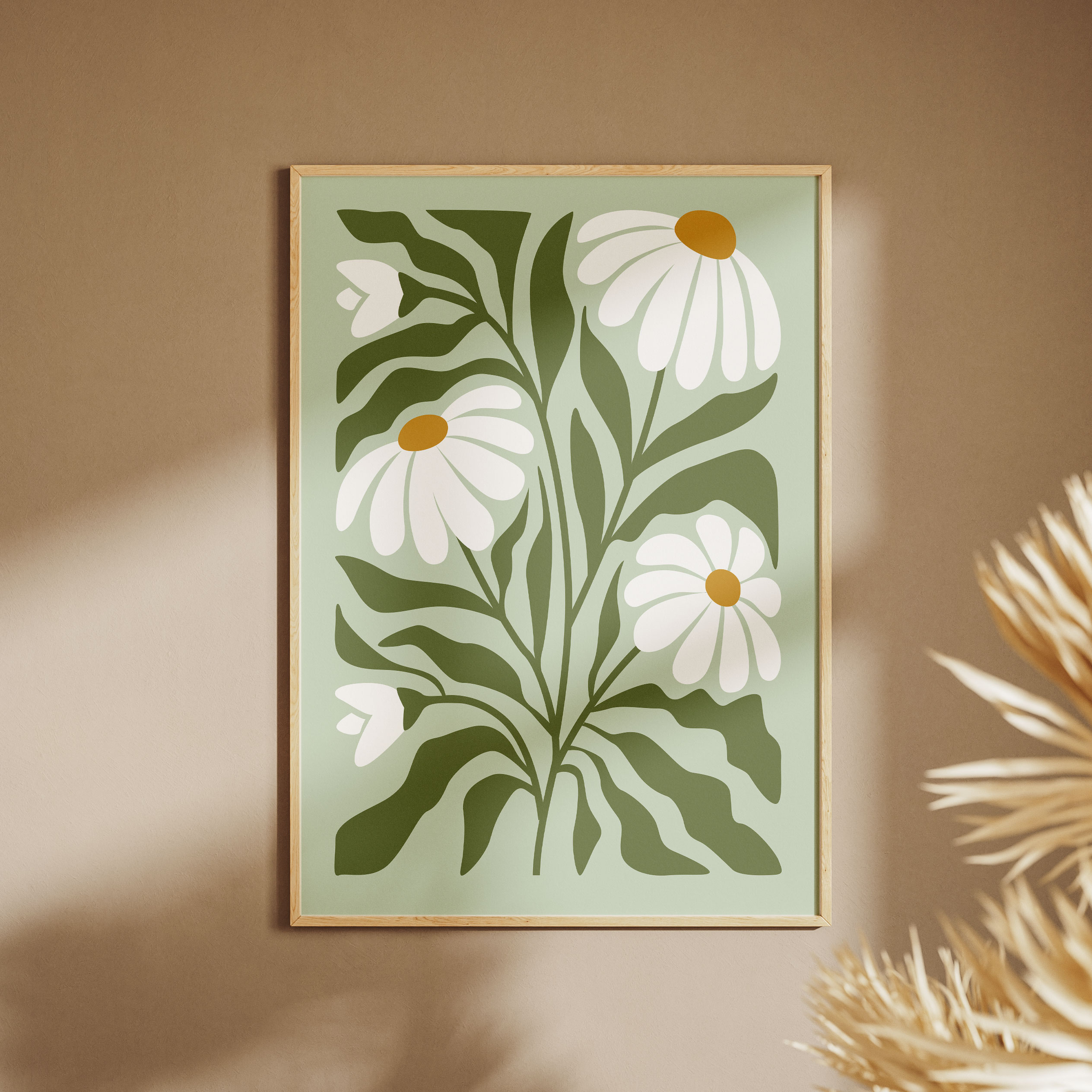 Lámina botánica margaritas – ilustración floral minimalista en verde menta - Imagen 3