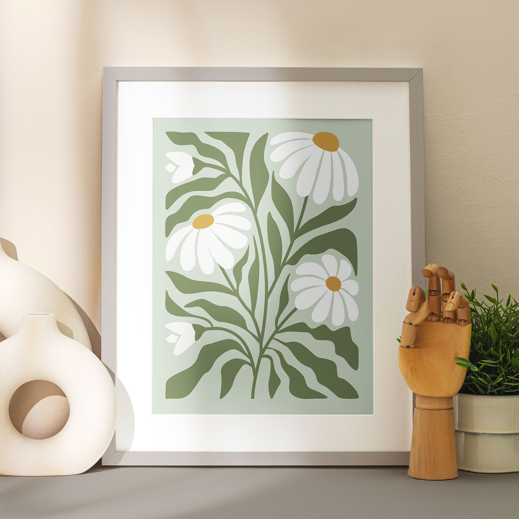 Lámina botánica margaritas – ilustración floral minimalista en verde menta - Imagen 2