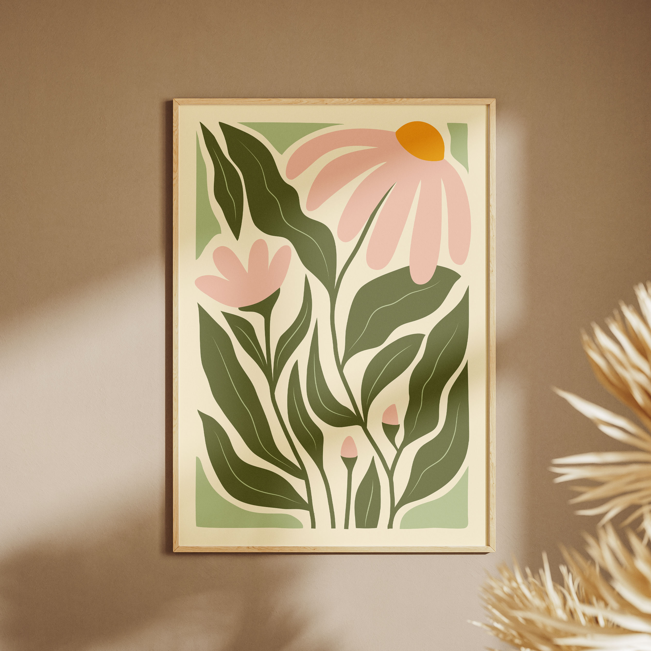 Lámina botánica flores silvestres en rosa y verde