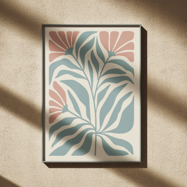 Lámina botánica decorativa minimalista en rosa y azul grisáceo